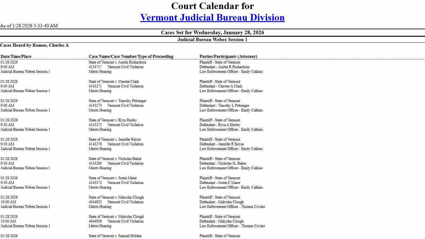 Vermont Judicial Bureau Division Calendar